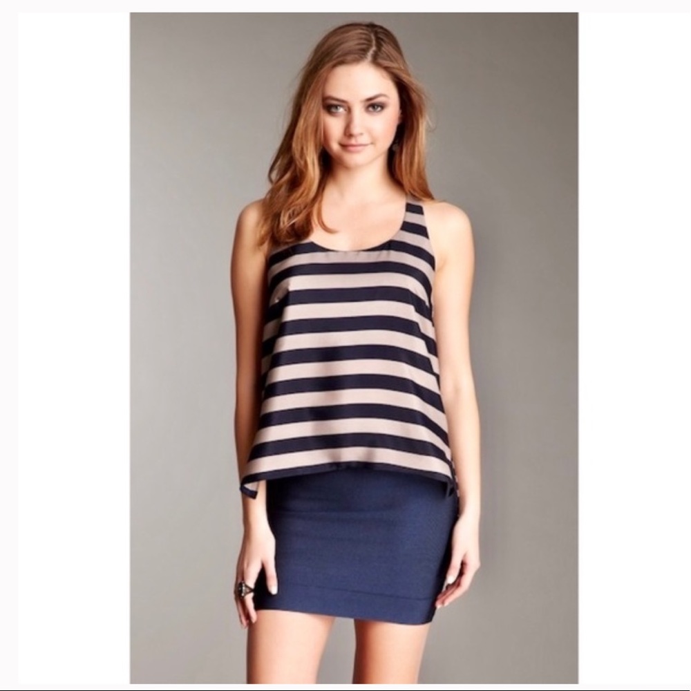 BCBG MAXAZRIA Edita Pure Silk Striped Navy and Tan Twisted Racer Back Tank Top